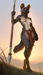 anthro bone bone_necklace bottomwear breasts clothing female grass jewelry loincloth melee_weapon necklace nipples plant polearm pubes small_breasts solo spear walking weapon bilgerat_(director) african_wild_dog canid canine mammal absurd_res hi_res