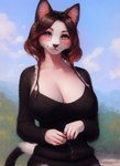 anthro big_breasts blush breasts cleavage clothed clothing felid feline female hair half-length_portrait inner_ear_fluff looking_at_viewer mammal outside pikaflufftuft portrait smile solo standing sweater topwear tuft white_body