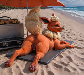 animal_genitalia animal_pussy anthro anus beach_background beach_umbrella burger butt canine_genitalia canine_pussy female feral fluffy fluffy_tail food genitals grill lying neck_tuft on_front pawpads paws pussy raised_tail sand sea solo tuft water crimson_fenrir_(director) nintendo pokemon eeveelution flareon generation_1_pokemon pokemon_(species) hi_res