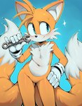 anthro clothing dipstick_tail featureless_crotch fur gloves gloves_only handwear handwear_only male markings mostly_nude simple_background smile solo tail_markings tools white_body white_fur wrench yellow_body yellow_fur anonymous_director sonic_the_hedgehog_(series) miles_prower canid canine fox mammal hi_res