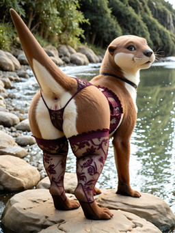 anus clothing collar corset female feral forest forest_background lace_panties lace_stockings lingerie looking_at_viewer looking_back nature nature_background plant river rock solo solo_focus tail_up topwear tree goldendog lutrine mammal mustelid river_otter hi_res
