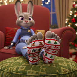 anthro christmas christmas_clothing christmas_socks christmas_tree clothing feet female footwear girl hermanthegerman plant sitting socks soles solo toe_socks toes tree disney zootopia judy_hopps lagomorph leporid mammal rabbit invalid_tag absurd_res hi_res