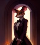 anthro bowtie brown_body brown_eyes brown_fur candle clothed clothing dress_shirt female fur hands_together hi_res kyxsoon mammal mouse multicolored_body multicolored_fur murid murine pink_nose rodent shirt side_view simple_background smile solo topwear two_tone_body two_tone_fur uniform victorian white_body white_fur