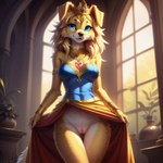 <3 anthro bird_dog blonde_hair blue_eyes canid canine canis clothing clothing_pull crown domestic_dog dress dress_pull female front_view genitals gold_(metal) gold_jewelry golden_retriever hair happy hunting_dog jewelry lurktime_(director) mammal presenting presenting_pussy pussy retriever seductive solo thigh_gap