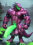 4_eyes anthro armband balls big_balls big_muscles big_penis claws detailed_background detailed_scales digitigrade genitals glowing glowing_claws glowing_genitalia glowing_penis green_penis huge_balls huge_biceps huge_penis hyper hyper_balls hyper_genitalia hyper_penis male multi_eye muscular muscular_male outdoors penis raining risk_of_rain_2 scales solo spiked_armband spikes standing tongue tongue_out agreenfish acrid alien scalie detailed hi_res