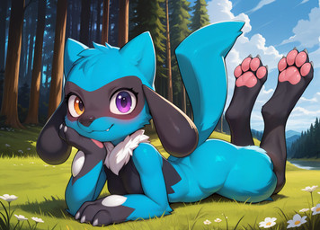 anthro black_feet blue_body breasts claws cute_fangs digitigrade fangs feet female finger_claws flower forest grass hand_on_chin happy head_tuft heterochromia legs_up looking_at_viewer lying neck_tuft on_front pawpads pink_pawpads plant purple_eyes small_breasts smile smiling_at_viewer solo teeth the_pose toe_claws tree tuft yellow_eyes aurorus70 nintendo pokemon canid canine generation_4_pokemon mammal pokemon_(species) riolu hi_res