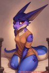 anthro breasts clothing female hi_res looking_at_viewer non-mammal_breasts punishedtortle purple_body purple_scales scales scalie seductive smile snout solo topwear