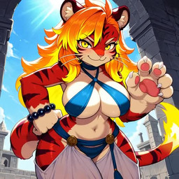 anthro big_hands big_tail bikini bikini_bottom bikini_top clothing female gesture glowing hair halter harem_outfit harem_pants light long_hair sky smile solo stone_building sunlight swimwear tail_tuft tuft waving waving_at_viewer yellow_eyes grondorr_moa nuri_(grondorr_moa) felid mammal pantherine tiger animated short_playtime webm