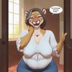 anthro belly big_breasts blue_bottomwear blue_clothing blue_pants blush bottomwear breasts chest_tuft claws cleavage clothed clothing curvy_figure denim denim_bottomwear denim_clothing detailed_background dialogue door doorway eyebrows eyelashes fangs female front_view fully_clothed fur grey_hair hair inside jeans jewelry looking_at_viewer mature_anthro mature_female mommy_kink narrowed_eyes necklace nipple_outline open_mouth orange_eyes overweight overweight_female pants sagging_breasts shirt shy slightly_chubby slightly_chubby_female smile solo speech_bubble talking_to_viewer tan_body tan_fur teeth text thick_thighs topwear tuft voluptuous white_body white_clothing white_fur white_topwear wide_hips window anonymous_director cougar felid feline mammal english_text hi_res