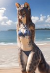 anthro beach bikini black_body black_fur black_hair clothed clothing cloudy digitigrade female fur golden_eyes hair hands_behind_back long_hair seaside solo standing swimwear water wave white_body white_fur director_crashbandit felid mammal pantherine hi_res novelai