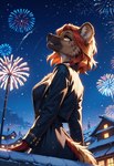 animal_ears anthro breasts clothing coat female female_focus fireworks gloves hair handwear jacket long_sleeves looking_up night outside red_hair short_hair sky small_breasts smile solo solo_focus standing topwear yellow_eyes director_yeenashaven hyaenid mammal hi_res