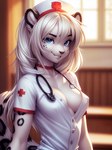 anthro blue_eyes breasts clothing female fur grin hair nurse nurse_clothing nurse_outfit nurse_uniform smile solo solo_focus uniform white_body white_fur white_hair magacitl felid mammal pantherine snow_leopard