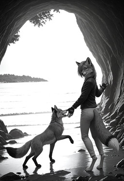 4_toes 5_fingers ambiguous_gender anthro barefoot biped black_nose bottomwear cave claws clothed clothing collar detailed_background digitigrade dipstick_tail duo feet female feral fingers fluffy fur hair markings multicolored_tail open_mouth outside pants pawpads paws quadruped smile standing tail tail_markings teeth toes tongue tongue_out topwear tuft water crashbandit canid canine fox mammal red_fox comfyui_(software) digital_media_(artwork) greyscale hi_res monochrome nai-diffusion-4-full_(model) novafurryxl_(model) prompt_metainfo
