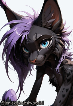 anthro black_body blue_eyes female fur grey_body hair looking_at_viewer purple_hair simple_background solo tail tuft whiskers jenlekiska jen_(jenlekiska) felid feline lynx mammal hi_res