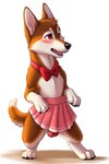 angry_puppy angry_puppy_(angry_puppy) balls balls_outline blush bottomwear bowtie canid canine canis clothing domestic_dog feral genital_outline genitals looking_away male mammal raised_tail red_eyes skirt solo