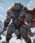 abs anthro armor axe balls belt biceps big_balls big_penis bottomwear bottomwear_aside cloak clothing clothing_aside fangs flaccid foreskin fur genitals grey_body grey_fur grey_hair hair humanoid_genitalia humanoid_penis leather leather_armor leather_straps light loincloth loincloth_aside looking_at_viewer lupine male melee_weapon muscular muscular_anthro muscular_male navel nipples outdoor outside pecs penis pubes snow snowing solo thick_penis toony viking viking_clothing warrior weapon notte canid canine canis mammal wolf absurd_res detailed hi_res lighting shaded soft_shading