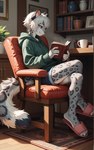 2024 5_fingers anthro blue_eyes book bookshelf bottomwear carpet chair clothing container cup cutoffs denim denim_clothing female fingers fluffy fluffy_tail furniture hair hood hoodie houseplant inner_ear_fluff long_tail looking_down painting_(object) reading shorts side_view slippers solo stable_diffusion topwear tuft white_hair nettele_(director) mico_(nettele) felid mammal pantherine snow_leopard 16:10 colored detailed digital_media_(artwork) hi_res portrait widescreen