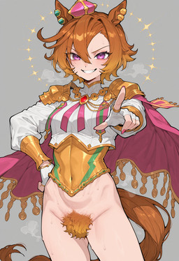 armor bodily_fluids bottomless bottomless_female cape clothed clothing crown ear_piercing ear_ring female fingerless_gloves gesture gloves hair handwear horse_ears jewelry necklace orange_hair orange_pubic_hair piercing pointing pointing_at_viewer pubes purple_eyes ring_piercing shoulder_armor simple_background smile solo sweat sweaty_body tail white_clothing wrist_guards anonymous_director uma_musume_pretty_derby t.m._opera_o_(pretty_derby) animal_humanoid equid equid_humanoid equine equine_humanoid human humanoid mammal mammal_humanoid absurd_res hi_res