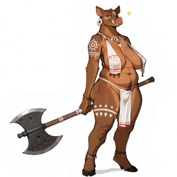 5_fingers areola axe big_breasts biped body_hair bodypaint bottomwear bracelet breasts brown_body brown_fur casual_exposure chubby_female clothed clothing cloven_hooves confident curvy_figure ear_piercing ear_ring female fingers fur happy_trail holding_axe holding_object holding_weapon hooves huge_breasts inner_boob jewelry loincloth looking_at_viewer markings mature_female melee_weapon narrowed_eyes navel necklace nipple_outline nipples piercing pubes ring_piercing sagging_breasts simple_background skimpy slightly_chubby slightly_chubby_female smile solo standing tattoo thick_thighs tribal tribal_markings tusks voluptuous weapon white_background wide_hips unknown_director mammal suid suina sus_(pig) wild_boar absurd_res full-length_portrait hi_res portrait