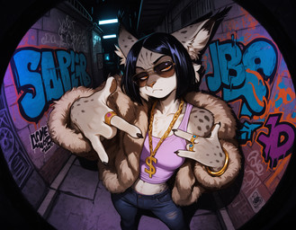 alley anthro biped blue_bottomwear blue_clothing blue_jeans blue_pants bottomwear breasts chest_tuft clothing denim denim_clothing eyewear female fur glasses graffiti hand_gesture inner_ear_fluff jeans jewelry navel necklace pants prick_ears rings solo spots spotted_body spotted_fur tuft anonymous_director invoke_high felid feline mammal hi_res