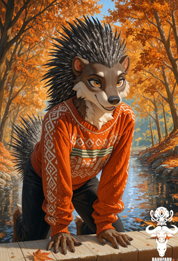 all_fours ambiguous_gender anthro autumn autumn_leaves barefoot black_bottomwear black_claws black_clothing black_jeans black_nose black_pants bottomwear bridge brown_eyes claws clothing cozy denim denim_clothing feet female jeans maple_leaf maple_tree neck_tuft pants pink_ears plant red_clothing red_sweater red_topwear river rock smile solo sweater topwear tree tuft wood bahufaru mammal porcupine rodent absurd_res hi_res