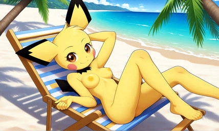 anthro beach breasts deckchair female medium_breasts nude plant seaside smile solo tree gobabsnow nintendo pokemon generation_2_pokemon pichu pokemon_(species) absurd_res hi_res