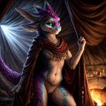 anthro avali avian clothing detailed feathers female fur genitals hi_res inside looking_at_viewer multi_ear multicolored_body navel presenting presenting_pussy punkskunk purple_body pussy seductive smile solo teal_eyes tent