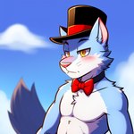 anthro blue_body clothing hat headgear headwear jewelry male multicolored_body necklace solo the_return_to_freddy's two_tone_body white_body yellow_eyes candougie sugar_(trtf) domestic_cat felid feline felis mammal