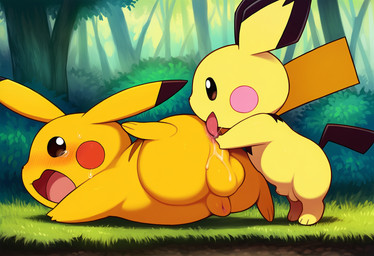 all_fours anal_juice animal_genitalia anus anus_lick balls blush bodily_fluids brown_eyes dirt dripping duo feet feet_up feral forest fully_sheathed fur genitals gress hand_on_butt hand_on_ground looking_at_another male male/male one_leg_up open_mouth plant raised_leg saliva saliva_drip saliva_on_anus saliva_on_balls saliva_string sheath shrub soles spread_legs spreading standing sweat sweaty_body tail_up tears tree yellow_body yellow_fur hajigao jomisa nintendo pokemon generation_1_pokemon generation_2_pokemon pichu pikachu pokemon_(species)