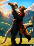 anthro basitin blue_eyes canid canine castle clothed clothing duo female fox fully_clothed fur hi_res hugging keith_keiser laura_(twokinds) looking_at_another male male/female mammal mercrantos orange_body orange_fur outside pawpads pink_pawpads raised_leg romantic smile twokinds yellow_eyes