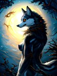 anthro blp breasts canid canine canis collar collar_only domestic_dog female glowing glowing_eyes grimace hi_res horror_(theme) husky mammal nightmare_fuel nordic_sled_dog nude orange_eyes raised_tail siberian_husky side_boob side_view solo spitz standing