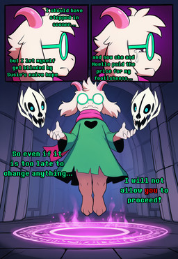 anthro bodily_fluids clothing dialogue eyewear flying glasses hallway horn looking_at_viewer low-angle_view magic magic_circle male multi_panel obscured_eyes paws robe scarf solo stone_floor stone_wall tears text wall_(structure) white_body yasuhikonsfw deltarune undertale undertale_(series) gaster_blaster ralsei bovid caprine darkner goat mammal cover cover_art cover_page hi_res