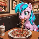 <3 black_eyes blue_eyes blue_sclera container cup drinking_straw eating female food fur furniture hair heart_symbol horse_ears multicolored_hair pasta pink_body pink_fur plate restaurant sofa solo spaghetti table the_legend my_little_pony equid equine horse mammal taur