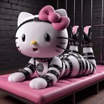 accessory bdsm bed bowtie clothed clothing domestic_cat felid feline felis female footwear furniture harness hello_kitty_(character) latex mammal partially_clothed rubber rubber_clothing rubber_suit shoes solo straps