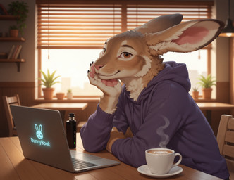 anthro beverage book bottle brown_body brown_eyes brown_fur chair claws clothed clothing coffee coffee_cup coffee_mug computer container cup detailed_background ear_markings electronics facial_markings feet fingers fur furniture head_markings hoodie inner_ear_fluff inside laptop looking_at_viewer male male_anthro markings mug multicolored_body multicolored_ears on_chair pawpads paws pink_nose pink_pawpads plant plant_pot potted_plant purple_clothing purple_topwear sitting sitting_on_chair smile solo steam table tan_body tan_fur toes topwear tuft vape whiskers white_body window hummuna bummy_(hummuna) lagomorph leporid mammal rabbit detailed hi_res