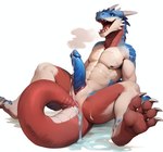 absurd_res anal anal_juice anal_masturbation anal_penetration animal_genitalia anthro blue_body blue_penis blue_scales bodily_fluids clawsome cum cum_on_penis dragon genital_fluids genital_slit genitals hi_res male masturbation open_mouth penetration penis red_body red_scales ridged_penis scales scalie slit solo tail_fetish tail_masturbation tail_play