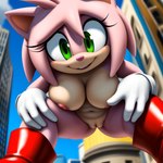 anthro boots boots_only breasts city city_background clothing female footwear footwear_only genitals gloves green_eyes handwear looking_at_viewer looking_down_at_viewer mostly_nude nipples pink_body pussy red_boots red_clothing red_footwear solo solo_focus sonic_the_hedgehog_(series) standing white_clothing white_gloves white_handwear amy_rose eulipotyphlan hedgehog mammal