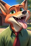 anthro bodily_fluids clothing disney dripping fur green_eyes looking_at_viewer male mouth_shot narrowed_eyes open_mouth plant presenting raised_tail saliva saliva_drip saliva_on_tongue simple_background smile smiling_at_viewer solo teeth tongue tongue_out zootopia angry_puppy nick_wilde canid canine canis fox mammal