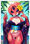 3_eyes accessory anthro asian_clothing border breasts clothing east_asian_clothing featureless_breasts female flower flower_in_hair genitals gesture hair hair_accessory japanese_clothing kimono multi_eye plant pussy red_body solo tongue tongue_out v_sign sergalbutt alien hylotl hi_res