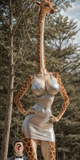 anthro big_breasts black_clothing blue_clothing blue_eyes blush bottomwear bow_(feature) bow_tie breasts brown_body cleavage clothed clothed_female clothing cloven_hooves dress duo female female_anthro fingers footwear formal_wear fully_clothed fur grey_clothing hair hands_on_hips hooves horn larger_anthro larger_female long_neck male male/female male_human markings nature ossicone outside photo_background plant plantigrade real shoes size_difference smaller_human smaller_male smile spots standing suit tan_body tree unguligrade white_clothing wide_hips gridanon giraffe giraffid human mammal absurd_res digital_media_(artwork) hi_res photography_(artwork) stable_diffusion