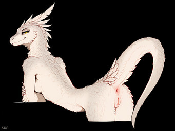 anthro anus bent_over black_background breasts butt feathers female genitals looking_at_viewer looking_back presenting presenting_hindquarters pussy simple_background small_breasts smug solo white_body white_feathers yellow_eyes krickracsac dinosaur dromaeosaurid feathered_dinosaur reptile scalie theropod hi_res watermark