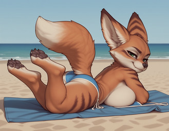 anthro beach beach_towel big_breasts bikini blizzard_entertainment breasts clothing day fangs feet_up female fluffy fluffy_tail fur looking_at_viewer lying multicolored_body multicolored_fur narrowed_eyes on_front orange_body orange_fur pawpads sand seaside short_stack side_boob side_view smile smug solo striped_body striped_fur stripes swimwear teeth towel aislopper warcraft canid mammal vulpera hi_res