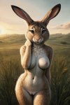 anthro breasts brown_body brown_eyes brown_fur day female fur genitals grassland lagomorph leporid looking_at_viewer mammal navel nipples pussy rabbit solo