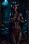 anthro black_body black_fur black_hair bottomwear breasts clothing female fur green_eyes hair jewelry looking_at_viewer markings necklace nipples open_mouth ritual seductive smile solo solo_focus tongue tribal tribal_markings undressing doc_(director) felid mammal pantherine hi_res