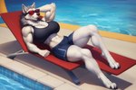 abs agreenfish anthro bottomwear bra canid canine canis clothing detailed_background digitigrade eyewear female fur mammal muscular muscular_female outside pool shorts solo sports_bra sunglasses underwear white_body white_fur wolf