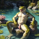 anthro balls biped countershade_face countershade_torso countershading feet fingers flower genitals green_body lily_pad male open_mouth open_smile partially_submerged penis plant smile solo toes water logically amphibian frog hi_res