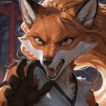 angry anthro close-up clothing fangs female fur hair long_hair solo teeth torn_clothing ivorymane canid canine fox mammal watermark