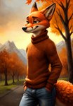 anthro autumn autumn_leaves blouse bottomwear clothing cloudscape denim denim_clothing evening hands_in_both_pockets jeans male mountain_range outside pants park plant sky smile solo topwear tree zootopia hank94_(director) nick_wilde canid canine fox mammal hi_res