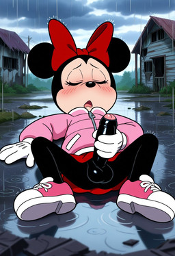 abandoned_building accessory anthro balls big_balls big_ears big_penis black_body bottomless bottomwear bow_ribbon clothed clothing cloud cloudy coat erection eyes_closed foreskin genitals gloves gynomorph hair_accessory hair_bow hair_ribbon handwear humanoid_genitalia humanoid_penis intersex lying masturbation on_back on_ground open_mouth partially_retracted_foreskin penis raining ribbons skirt solo tongue topwear winter_coat boxen549 disney minnie_mouse mammal mouse murid murine rodent hi_res