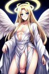 2:3 abs angel athletic baggy_clothing big_penis blonde_hair blue_eyes blush clothing collarbone craftykittydog genitals girly hair halo huge_penis humanoid light_body light_skin long_hair looking_aside male not_furry penis poking_out robe self_upload simple_background solo solo_focus white_clothing white_robe white_wings wings